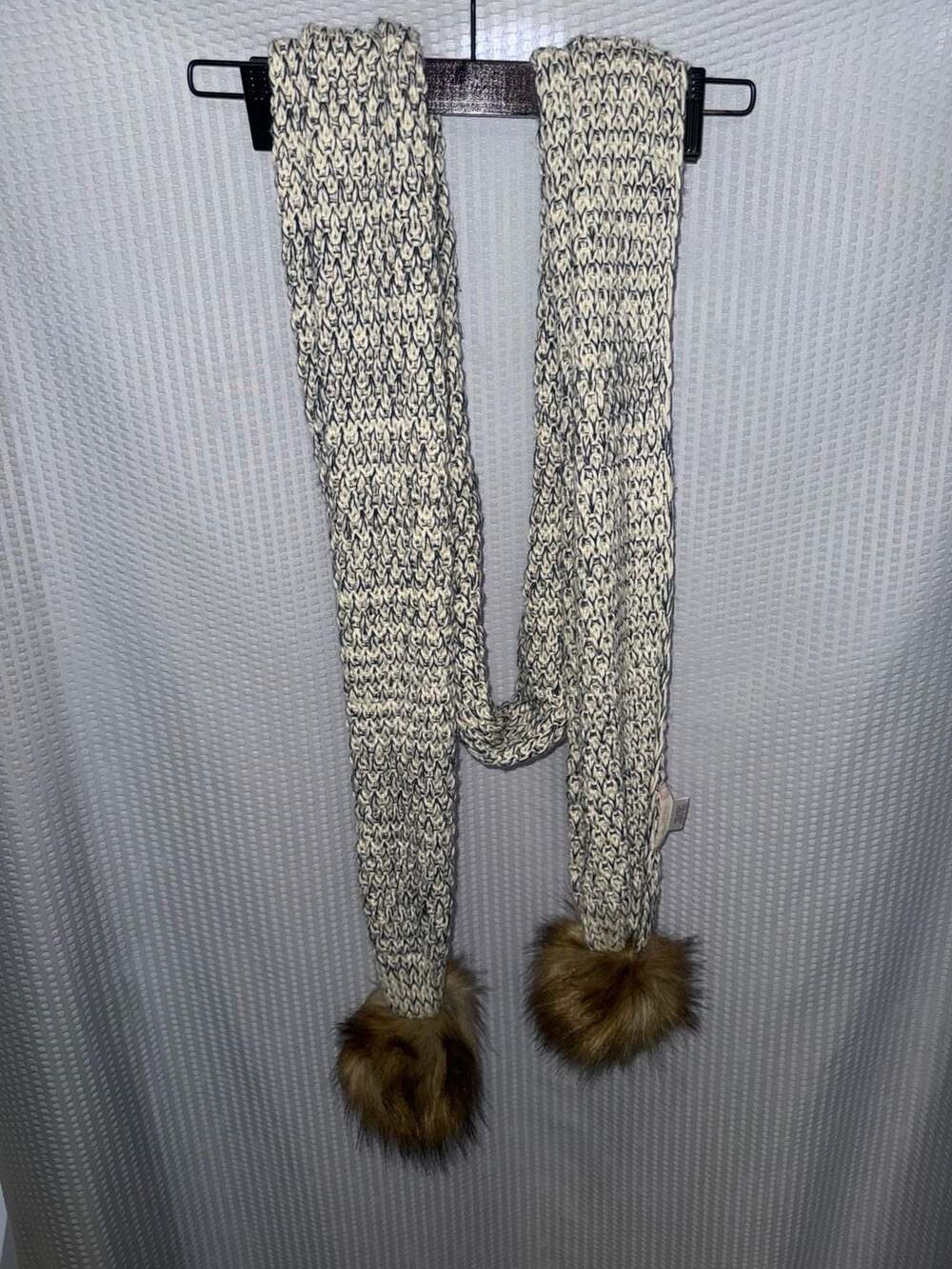 Altar'd State Cream and Navy Marled Knit Scarf with Faux Fur Pom Poms